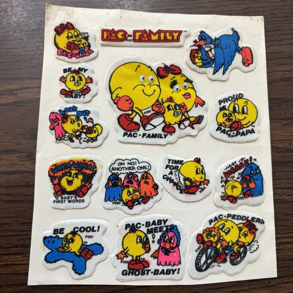Vintage 1980s Pac-Man Family Flocked Sticker Sheet Arcade Video Game Rare